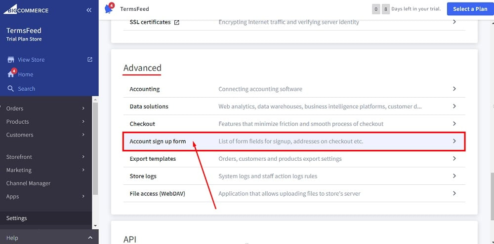 TermsFeed BigCommerce: Settings - Advanced - Account Sign Up Form selected