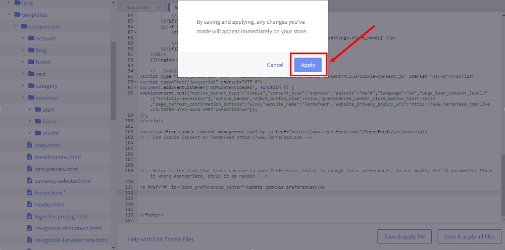 TermsFeed BigCommerce: Stencil File Editor - Footer - Pasted - Save and Apply file - Apply button highlighted