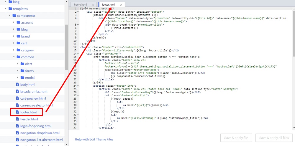 TermsFeed BigCommerce: Stencil File Editor - Templates - Components - Common - Footer selected