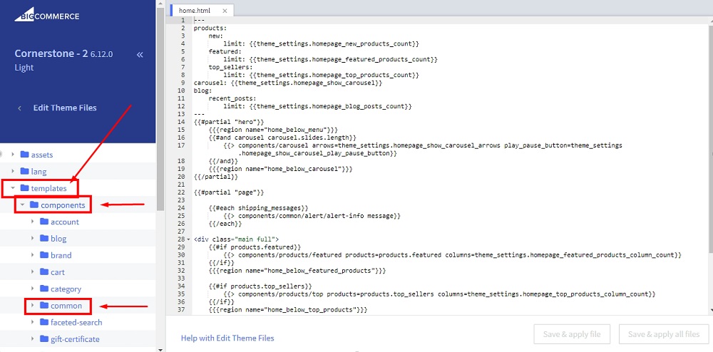 TermsFeed BigCommerce: Stencil File Editor - Templates - Components - Common selected