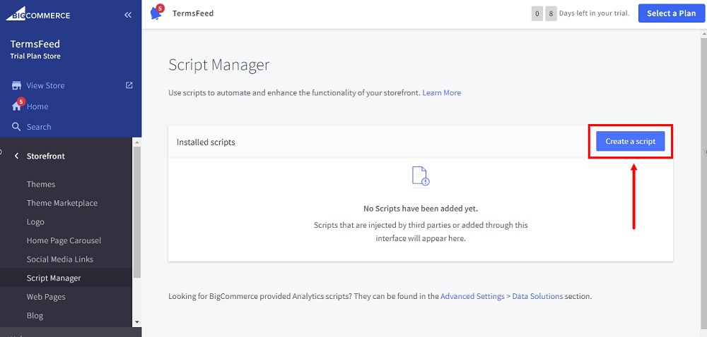 TermsFeed BigCommerce: Storefront with Script Manager  - Create a script highlighted