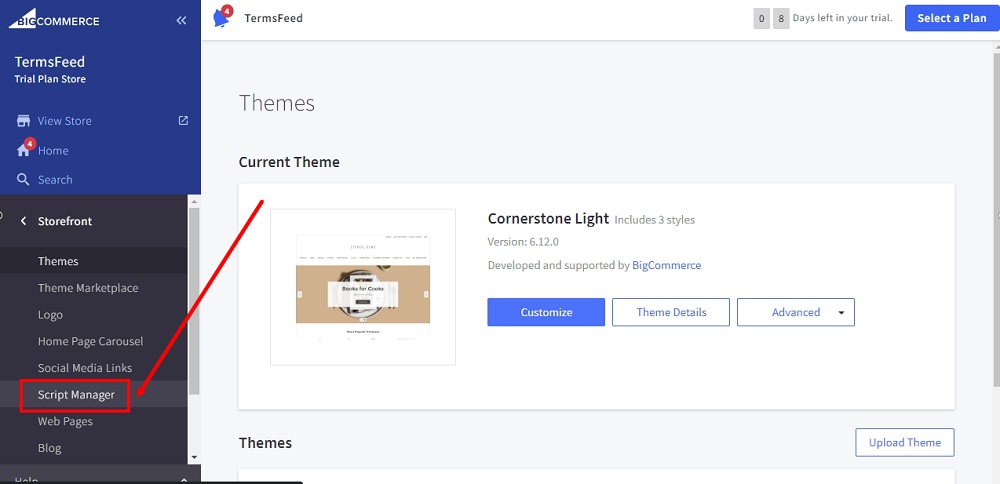 TermsFeed BigCommerce: Storefront with Script Manager selected highlighted