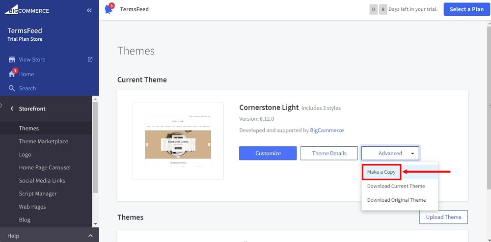 TermsFeed BigCommerce: Storefront - Theme - Advanced - Make a Copy option selected