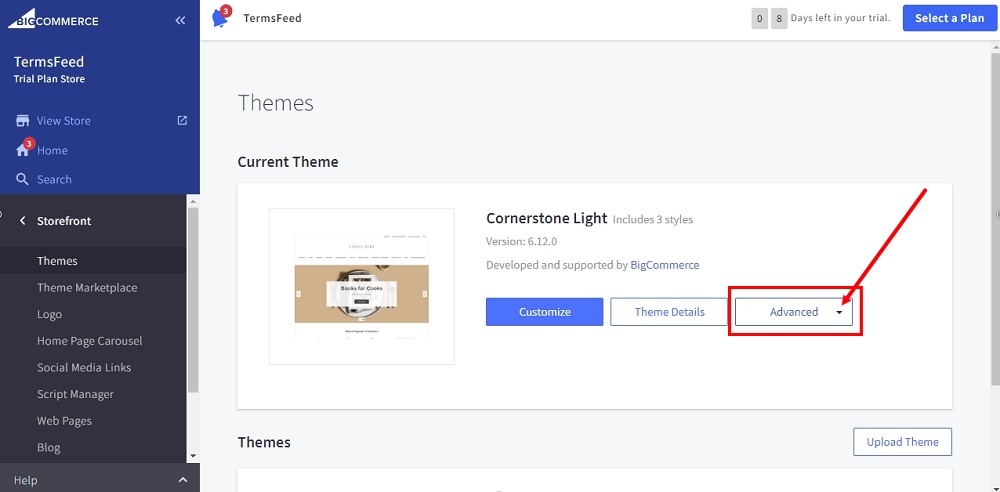 TermsFeed BigCommerce: Storefront - Theme - Advanced option selected