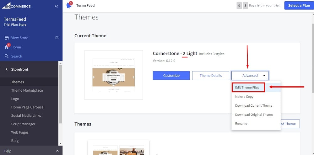 TermsFeed BigCommerce: Storefront - Theme - Copied - Advanced - Edit Theme Files option selected