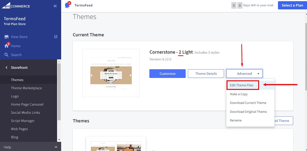 TermsFeed BigCommerce: Storefront - Theme - Copied - Advanced - Edit Theme Files option selected
