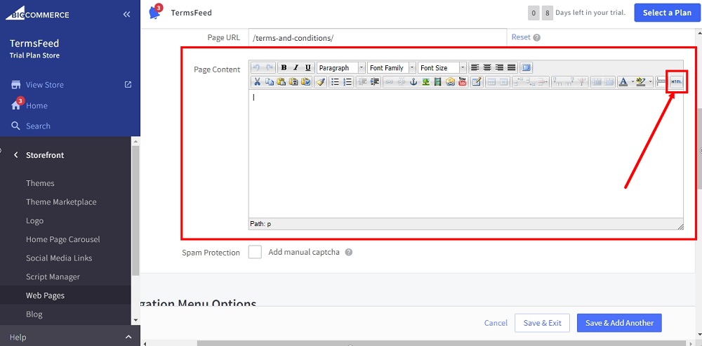 TermsFeed BigCommerce: Terms and Conditions - Page editor - the HTML selected