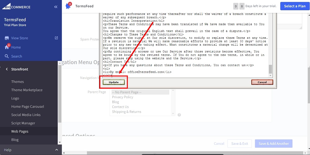 TermsFeed BigCommerce: Terms and Conditions - HTML Source Editor - added - Update highlighted