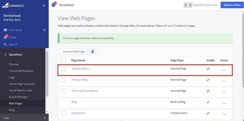 TermsFeed BigCommerce: View Web Page - The Cookies Policy page was created and highlighted