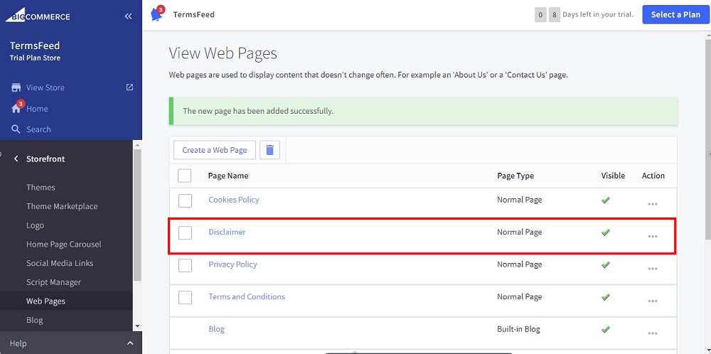 TermsFeed BigCommerce: View Web Page - The Disclaimer page was created and highlighted