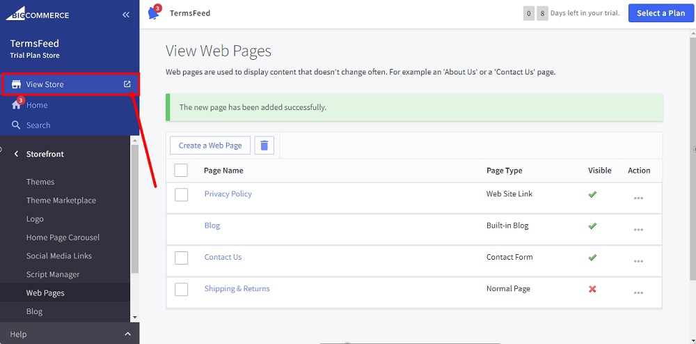 TermsFeed BigCommerce: View Web Page - the View Store option highlighted