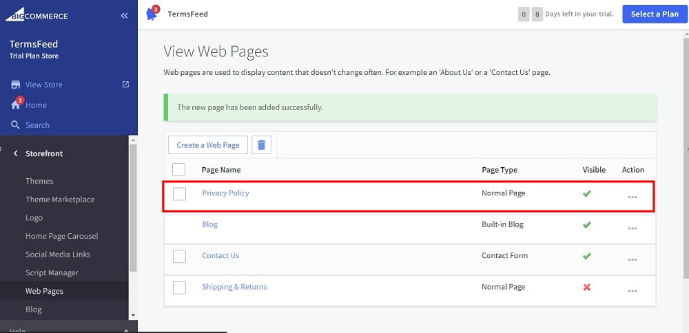TermsFeed BigCommerce: View Web Page - The Privacy Policy page created highlighted