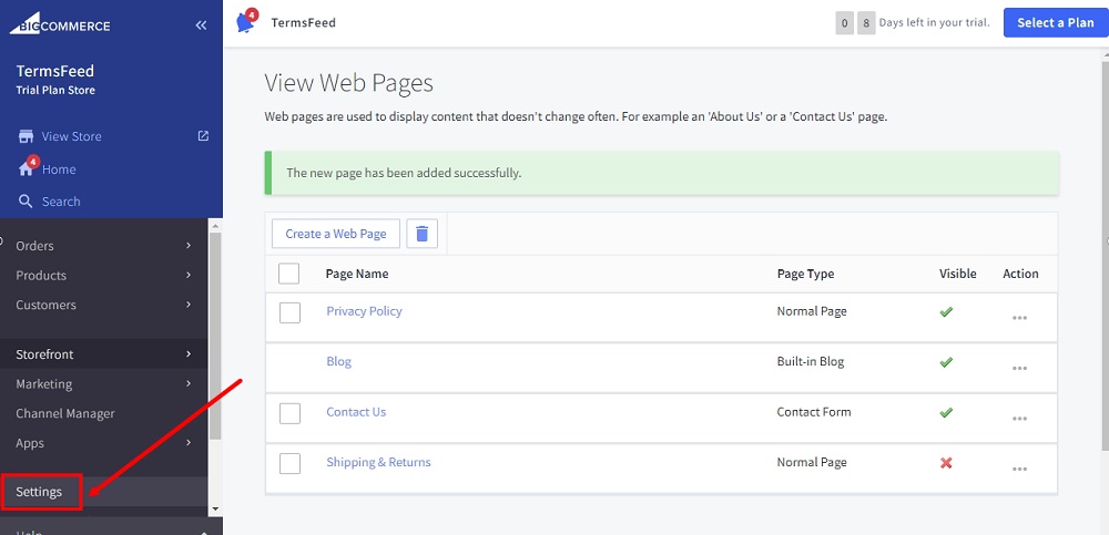 TermsFeed BigCommerce: View Web Page - Storefront - Settings highlighted