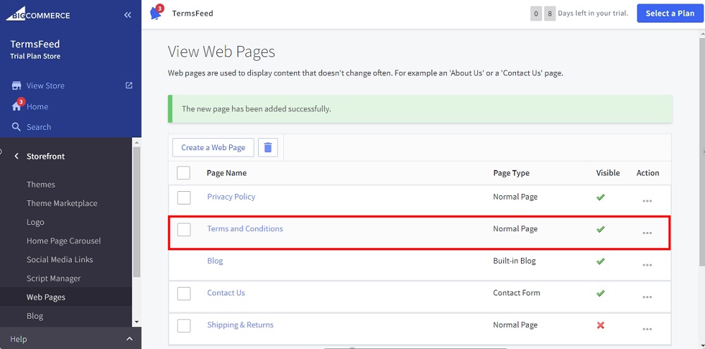 TermsFeed BigCommerce: View Web Page - The Terms and Conditions page was created and highlighted