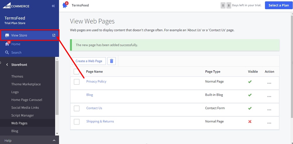 TermsFeed BigCommerce: View Web Page - the View Store option highlighted