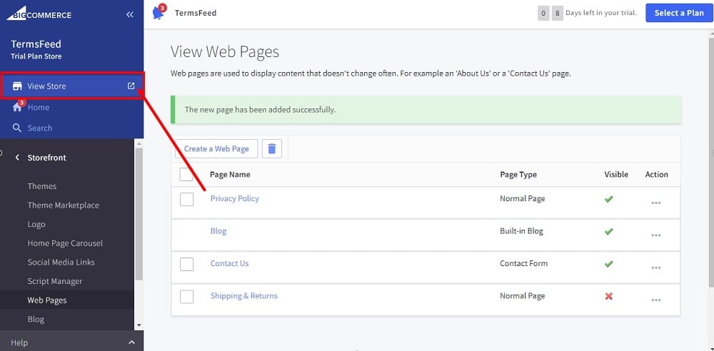 TermsFeed BigCommerce: View Web Page - the View Store option highlighted