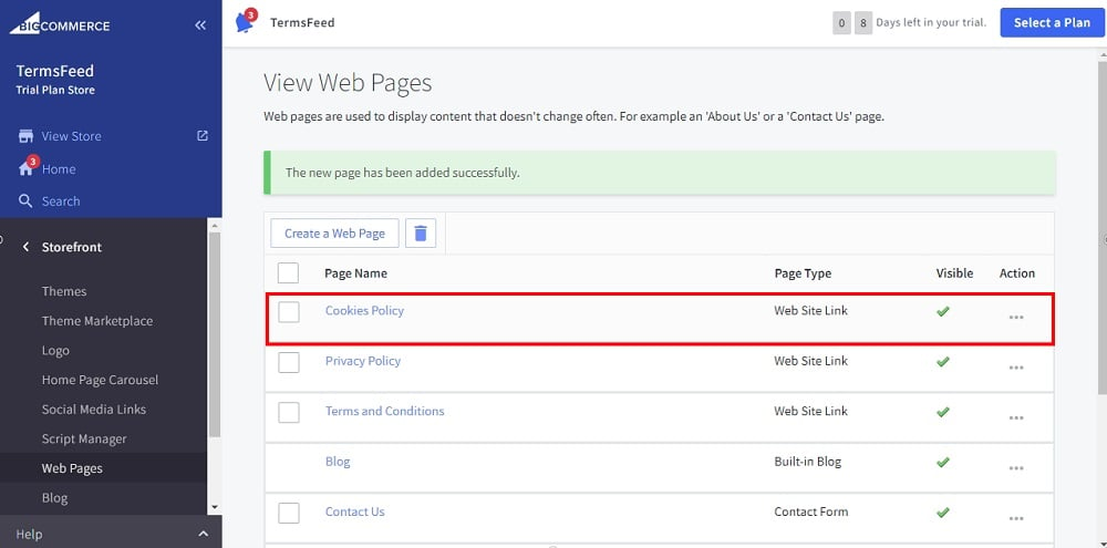 TermsFeed BigCommerce: View Web Page - Web Site Link - The Cookies Policy page created highlighted
