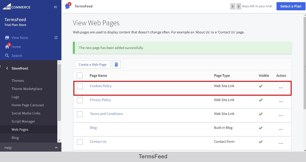TermsFeed BigCommerce: View Web Page - Web Site Link - The Cookies Policy page created highlighted