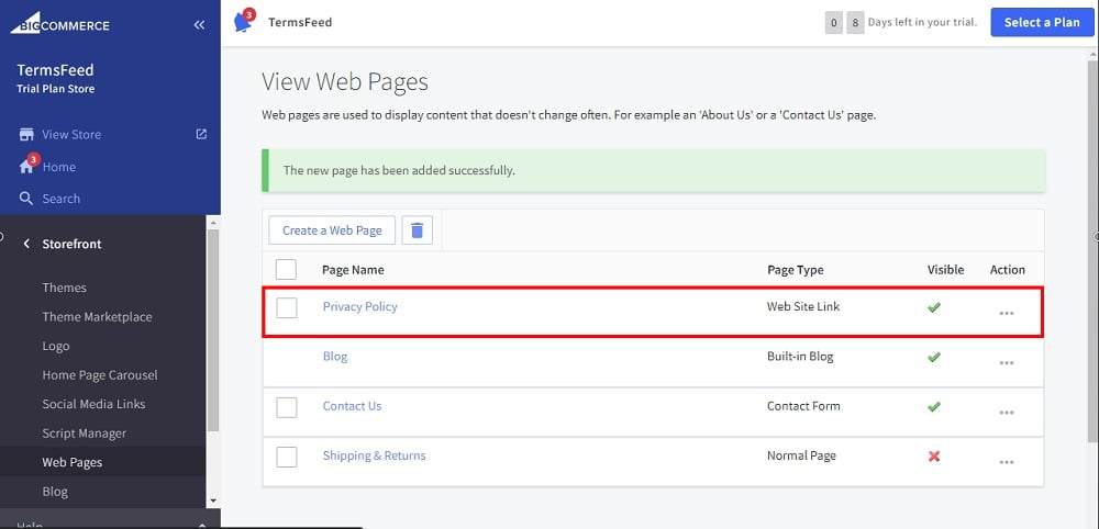 TermsFeed BigCommerce: View Web Page - Web Site Link - The Privacy Policy page created highlighted