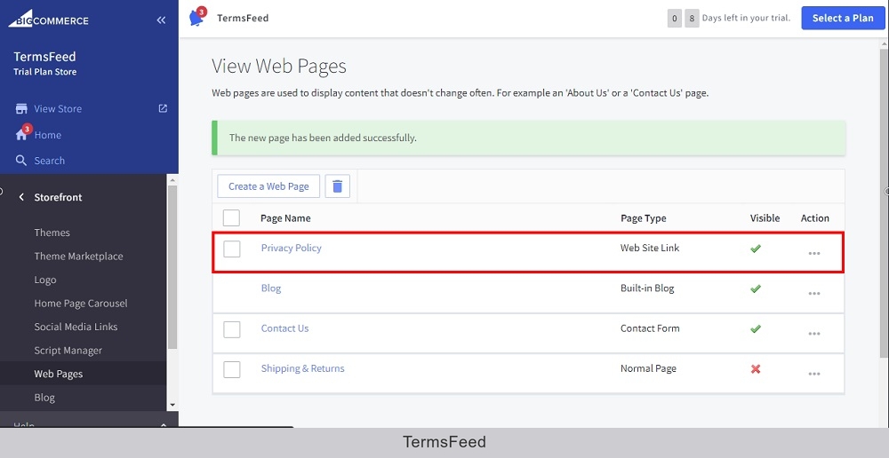 TermsFeed BigCommerce: View Web Page - Web Site Link - The Privacy Policy page created highlighted