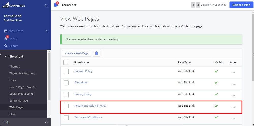 TermsFeed BigCommerce: View Web Page - Web Site Link - The Return and Refund Policy page created highlighted