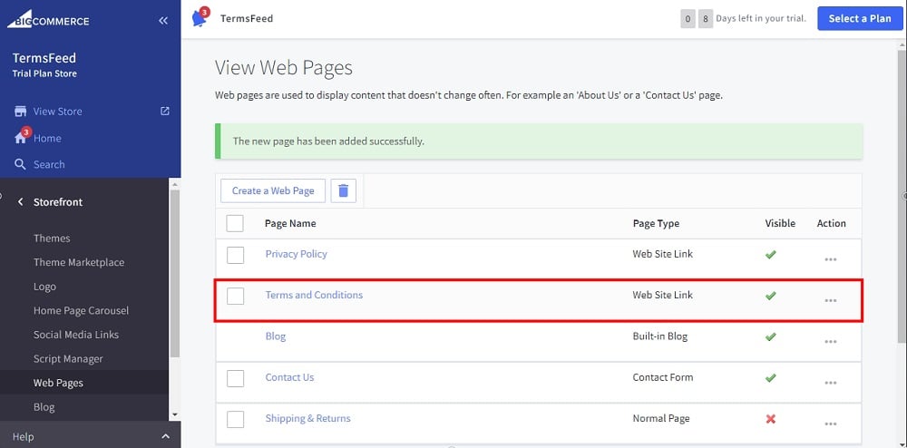 TermsFeed BigCommerce: View Web Page - Web Site Link - The Terms and Conditions page created highlighted