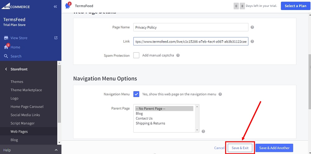 TermsFeed BigCommerce: Web Page Create - Link - Privacy Policy with the Save and Exit option highlighted