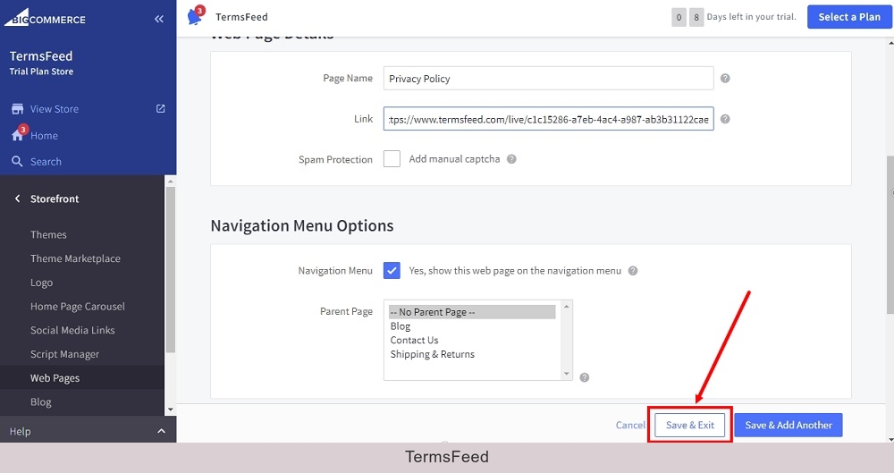 TermsFeed BigCommerce: Web Page Create - Link - Privacy Policy with the Save and Exit option highlighted