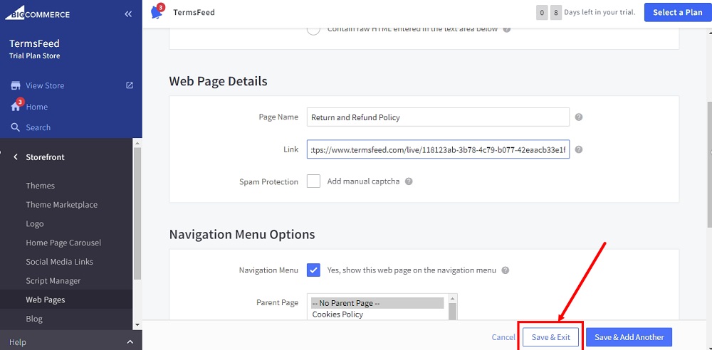 TermsFeed BigCommerce: Web Page Create - Link - Return and Refund Policy with the Save and Exit option highlighted