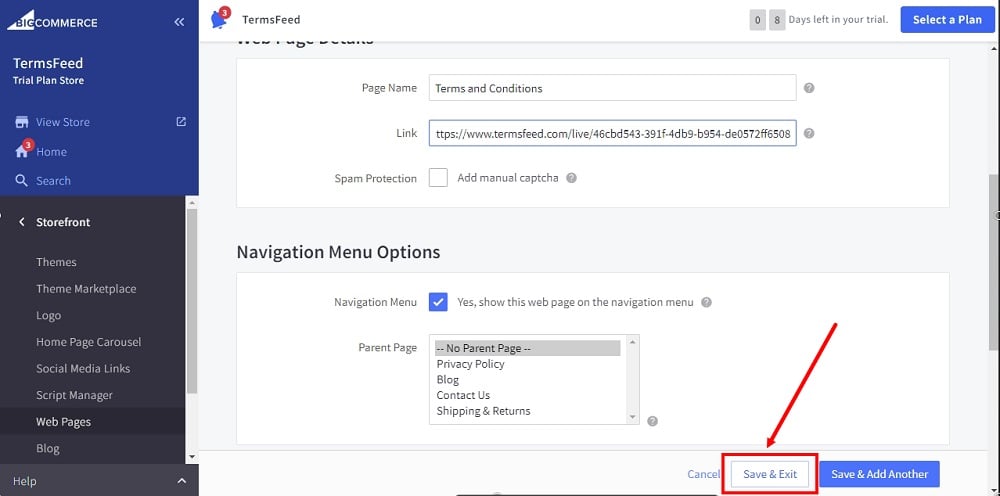 TermsFeed BigCommerce: Web Page Create - Link - Terms and Conditions with the Save and Exit option highlighted