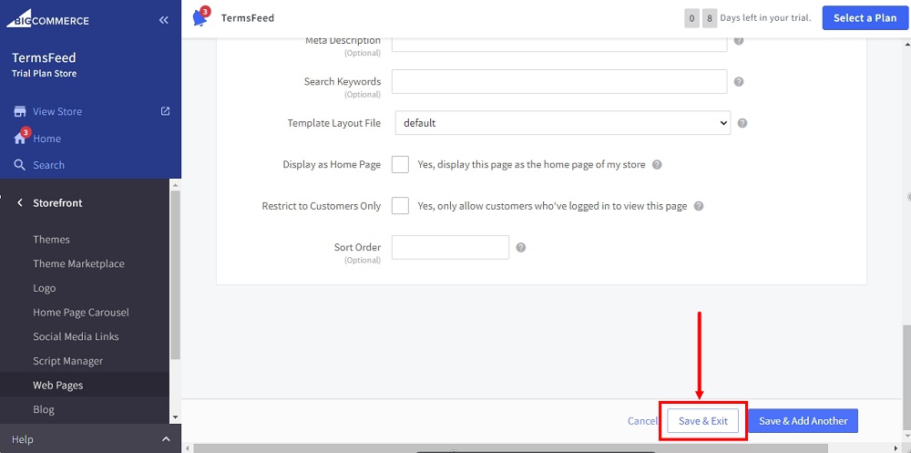 TermsFeed BigCommerce: Web Page Create with the Save and Exit option highlighted