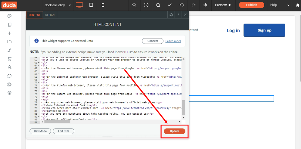 TermsFeed Duda: Cookies Policy - Widgets - HTML - added - Update button highlighted