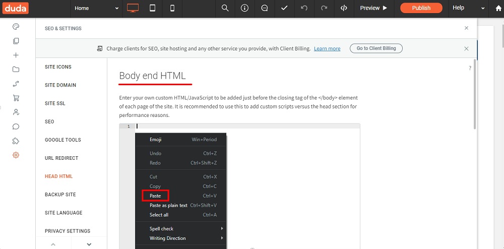 TermsFeed Duda Dashboard - Settings - Head HTML - Body end HTML - Paste highlighted