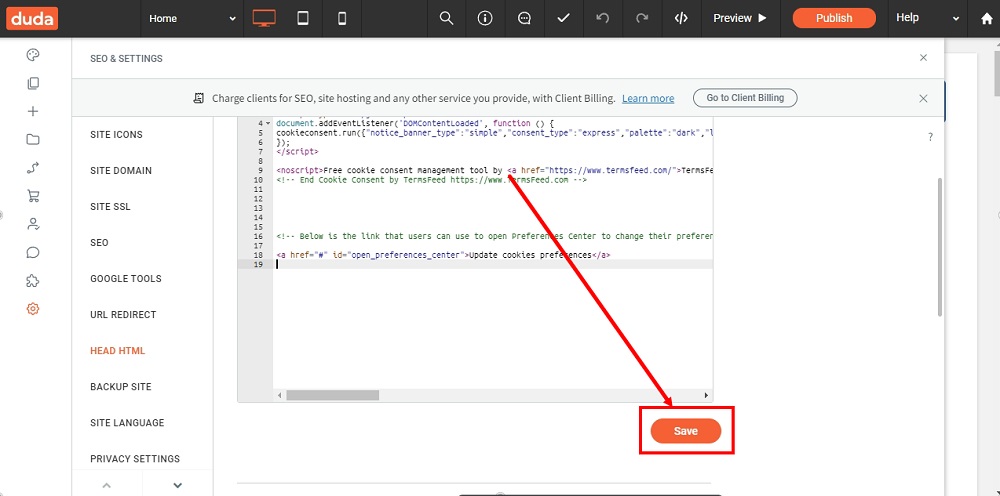 TermsFeed Duda Dashboard - Settings - Head HTML - Body end HTML - Pasted - Save highlighted
