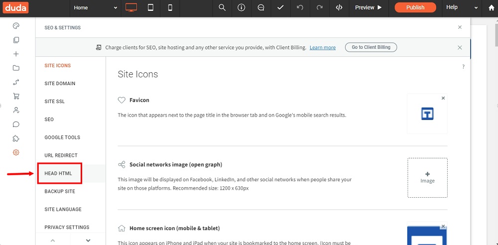 TermsFeed Duda Dashboard - Settings - Head HTML highlighted
