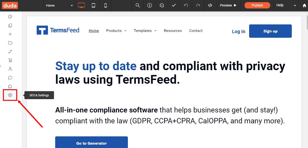 TermsFeed Duda: Dashboard - Settings highlighted