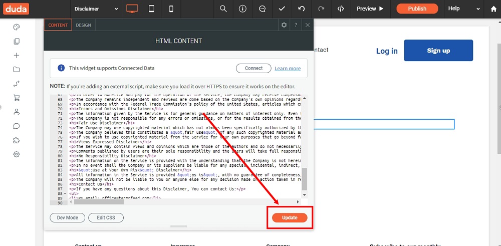 TermsFeed Duda: Disclaimer - Widgets - HTML - added - Update button highlighted