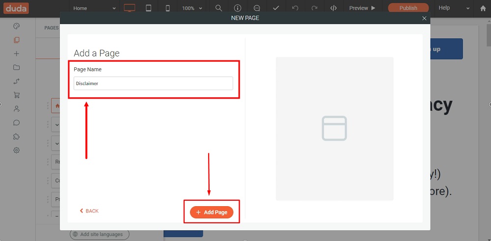 TermsFeed Duda: Editor - Pages - Add New Page - Empty Page Name - Disclaimer and Save button highlighted