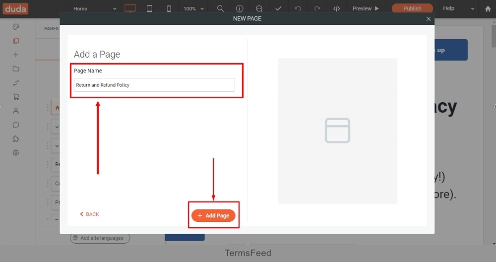 TermsFeed Duda: Editor - Pages - Add New Page - Empty Page Name - Return and Refund Policy and Save button highlighted