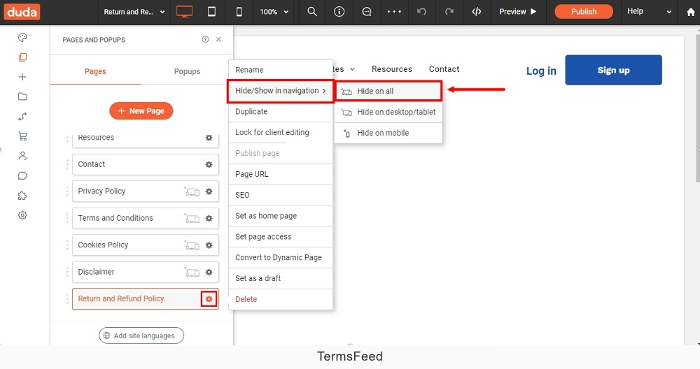 TermsFeed Duda: Editor - Pages - Return and Refund Policy - Settings - Hide in navigation on all devices highlighted