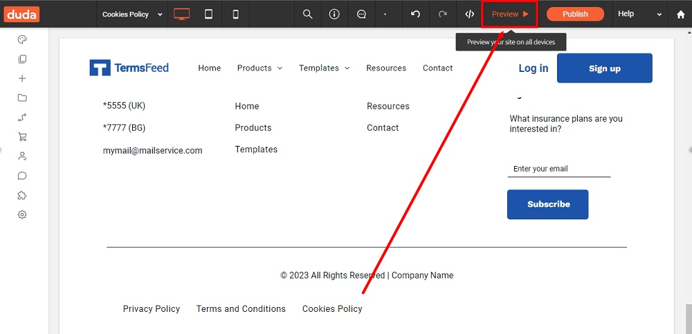 TermsFeed Duda: Cookies Policy - added with the Preview highlighted