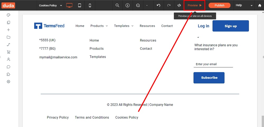 TermsFeed Duda: Cookies Policy - added with the Preview highlighted