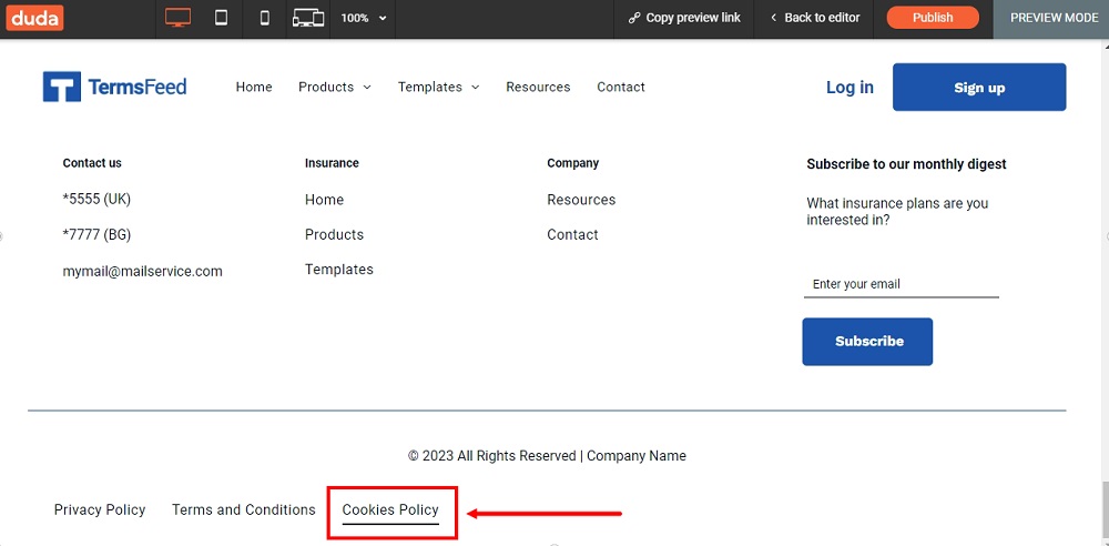 TermsFeed Duda: The Preview of the Cookies Policy page added at the footer highlighted