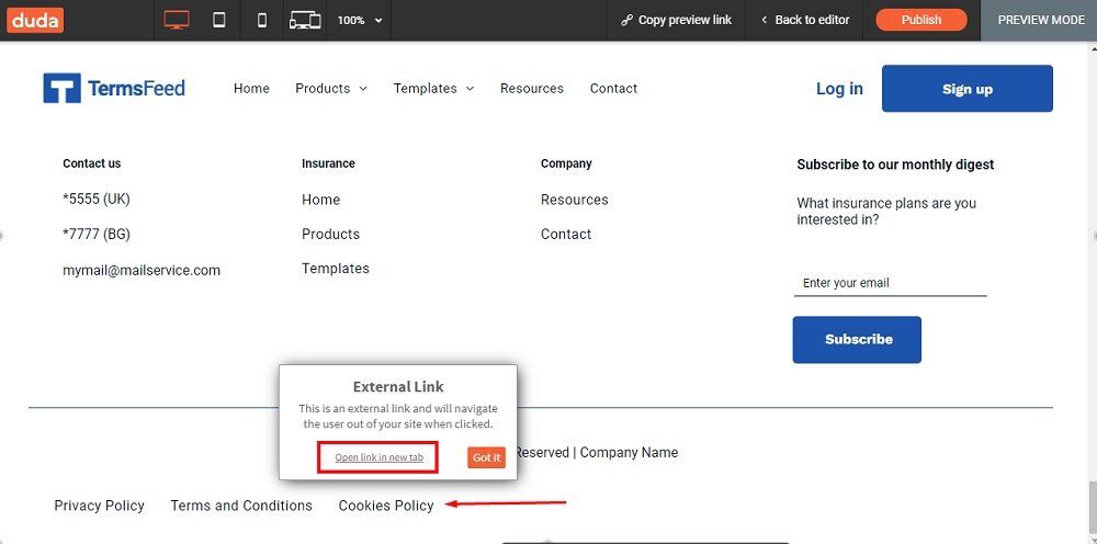 TermsFeed Duda: The Preview of the Cookies Policy page was added at the footer as an External link highlighted