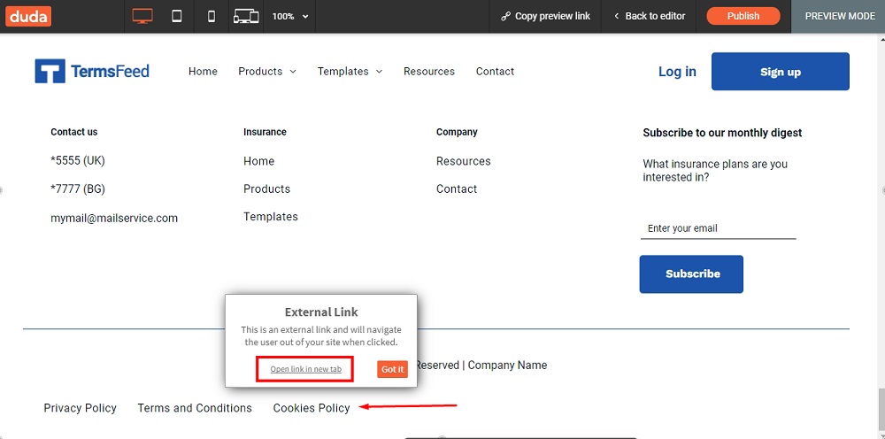 TermsFeed Duda: The Preview of the Cookies Policy page was added at the footer as an External link highlighted