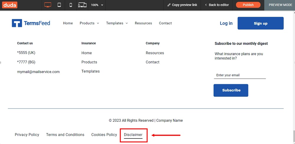 TermsFeed Duda: The Preview of the Disclaimer page added at the footer highlighted