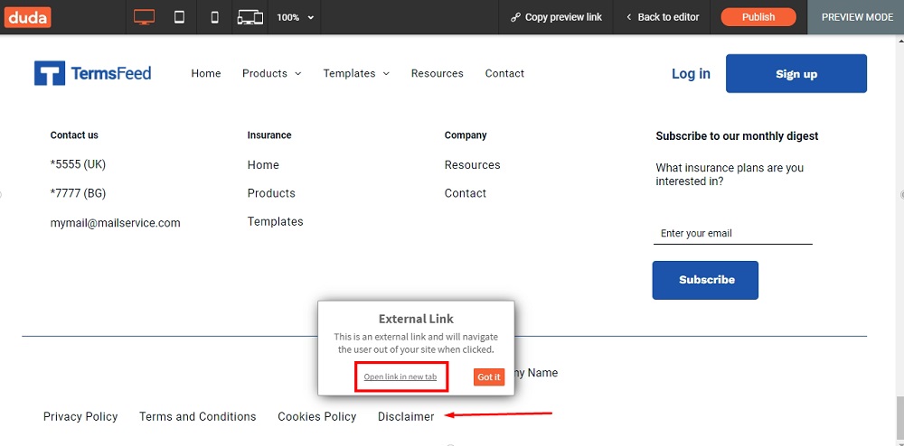 TermsFeed Duda: The Preview of the Disclaimer page was added at the footer as an External link highlighted
