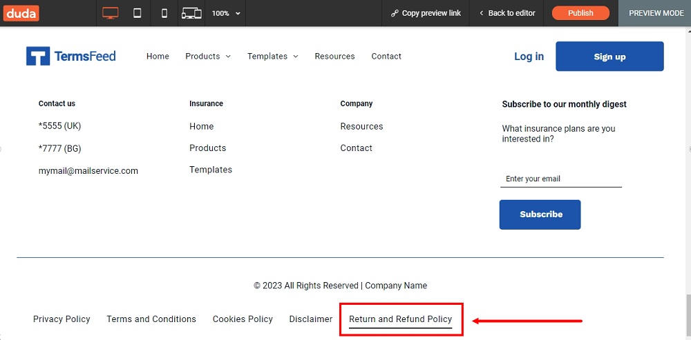TermsFeed Duda: The Preview of the Return and Refund Policy page added at the footer highlighted