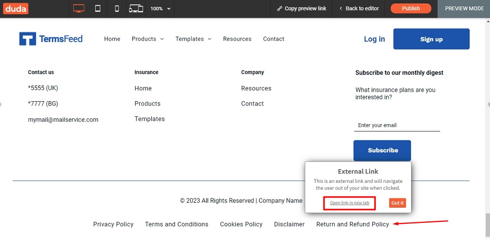 TermsFeed Duda: The Preview of the Return and Refund Policy page was added at the footer as an External link highlighted