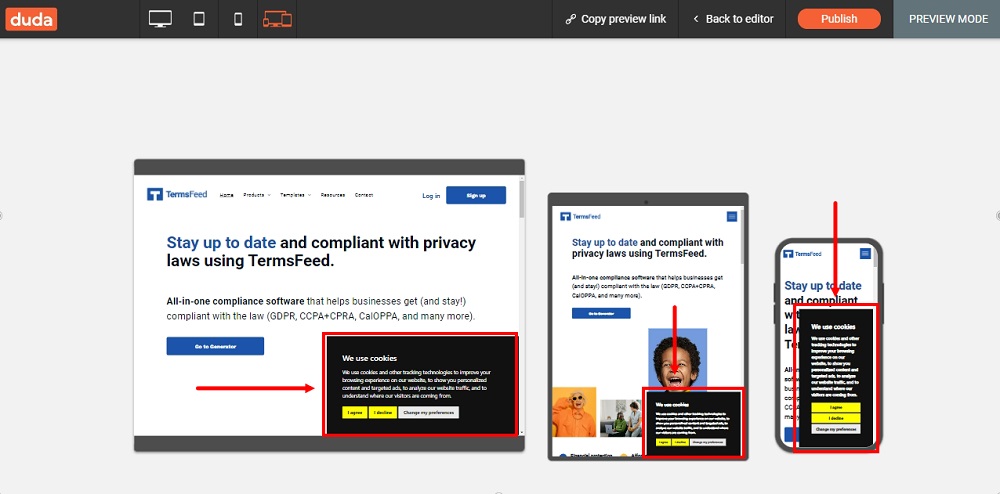 TermsFeed Duda Preview  - Cookie Consent banner displayed on all devices highlighted